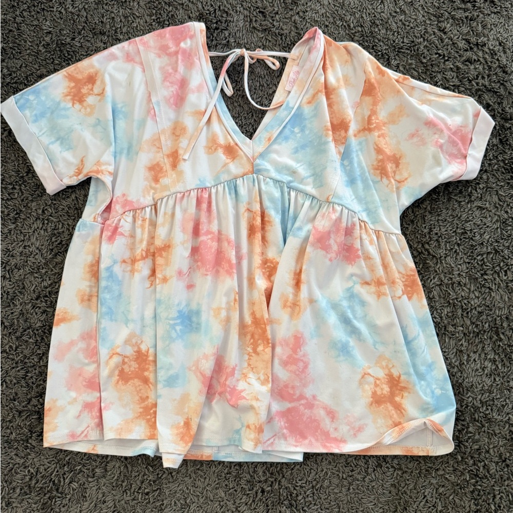 Pink Lily Blue and Pink Tie Front Blouse
